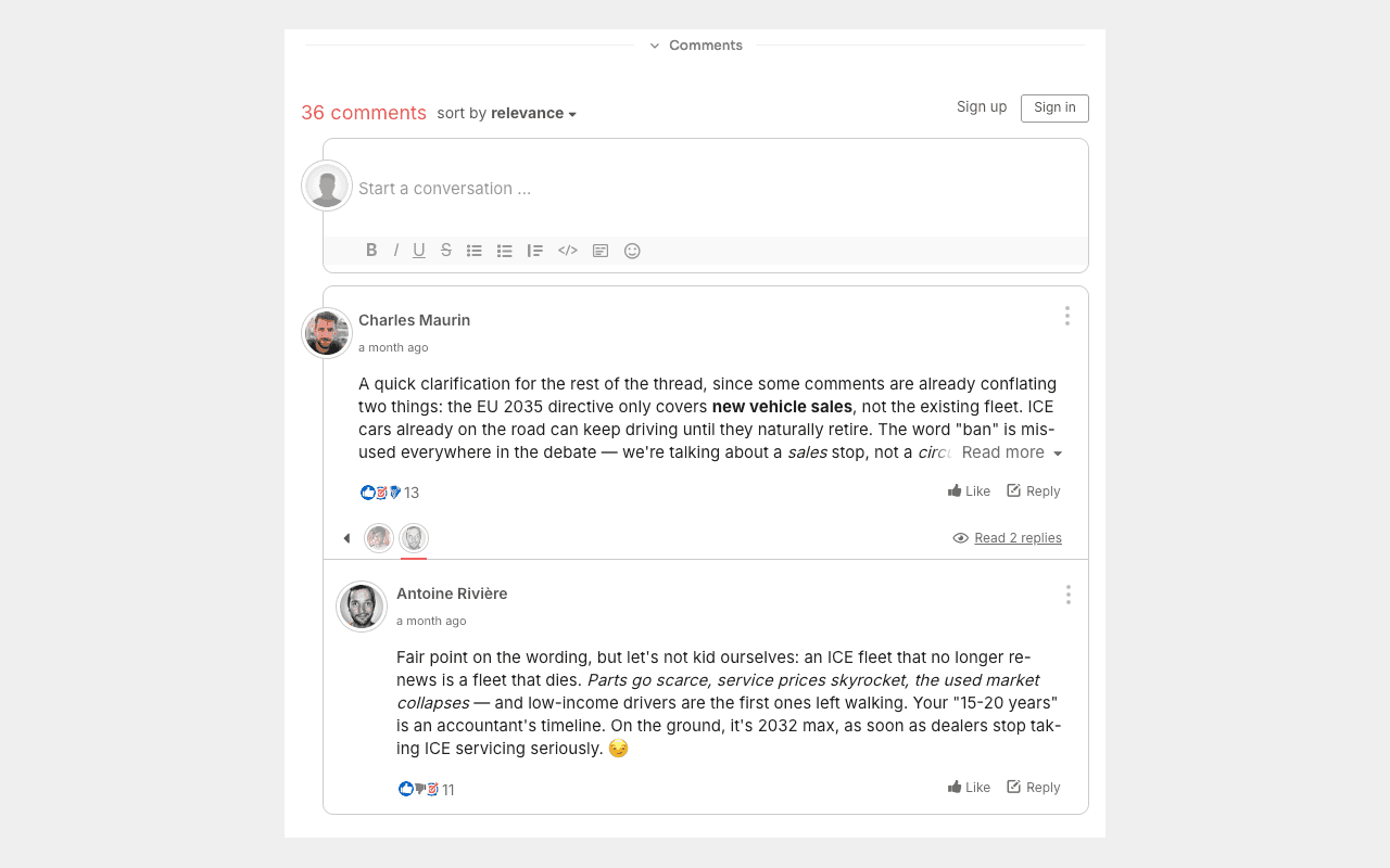 GraphComment on an article — Bubble Flow threading keeps long debates readable