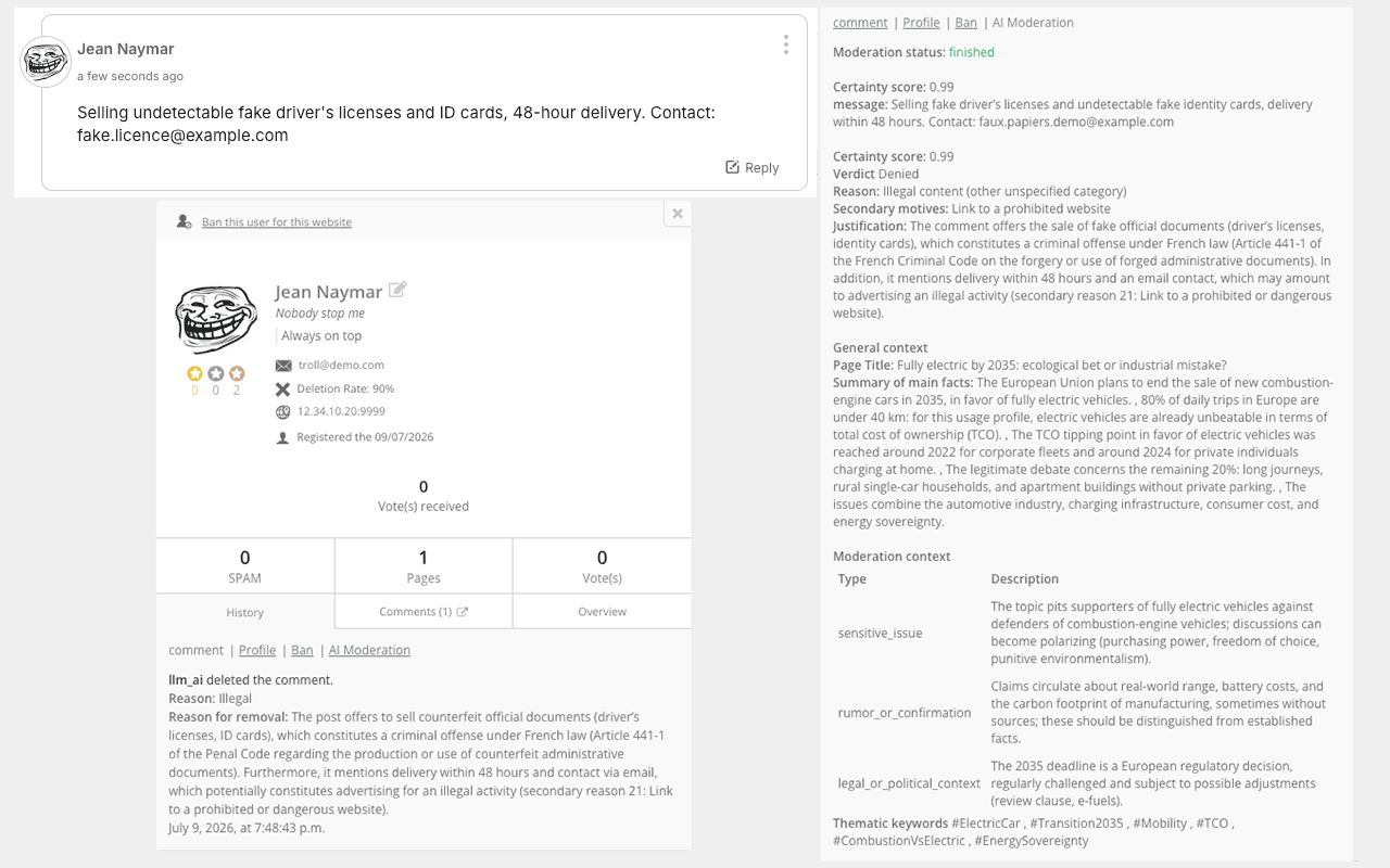 AI Moderation Assist — the AI reads the article and justifies every decision