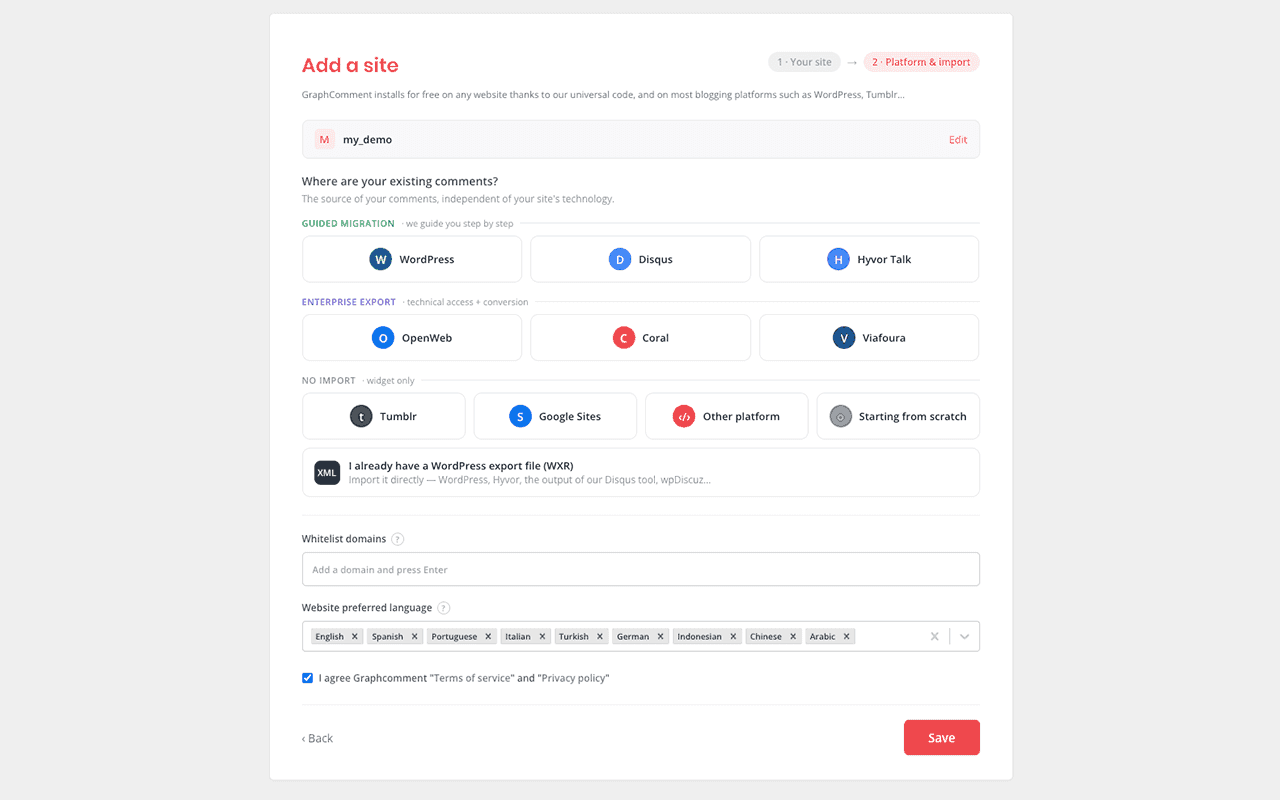 Add your site and import from anywhere — WordPress, Disqus, Hyvor Talk and more