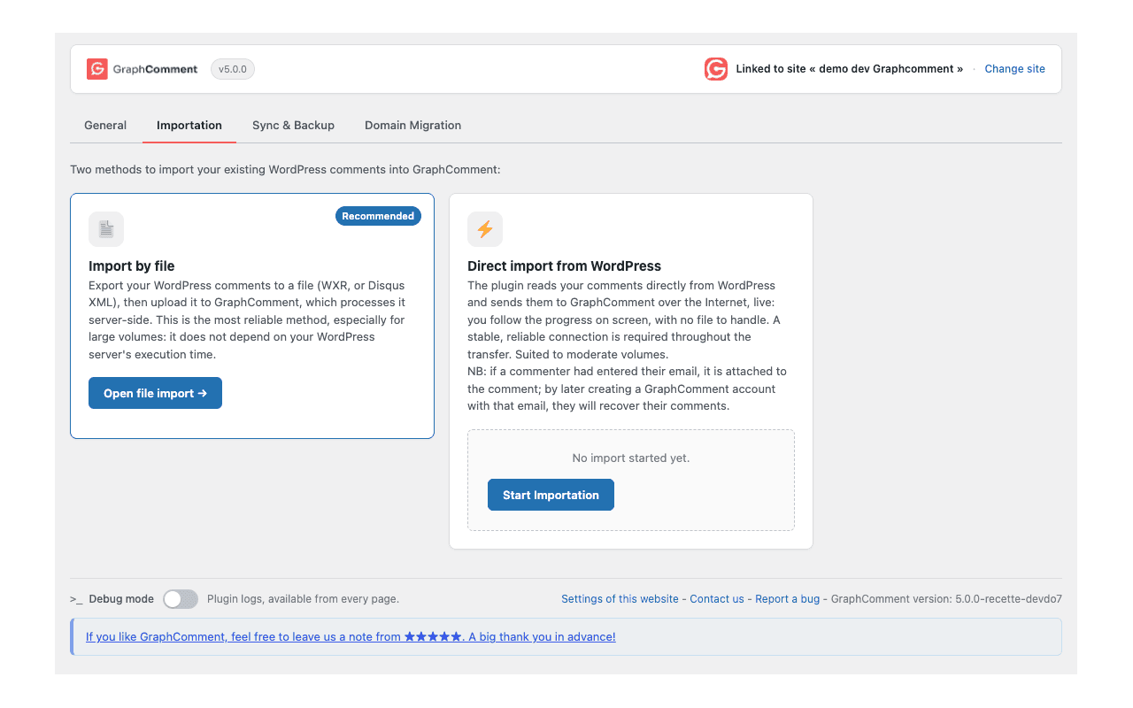 One-file import (WordPress WXR, Disqus XML) with background processing