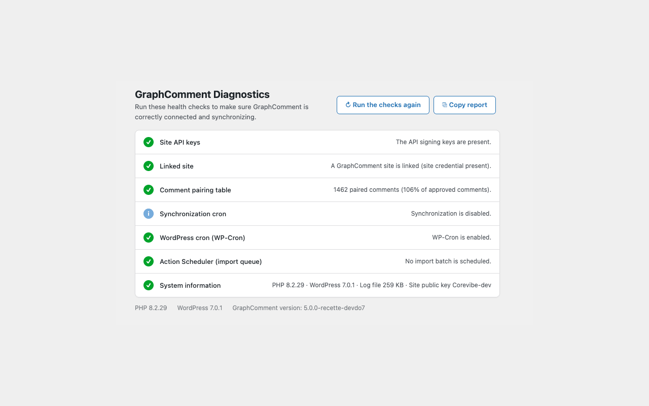 Diagnostic — 8 automated health checks and a copy-paste support report